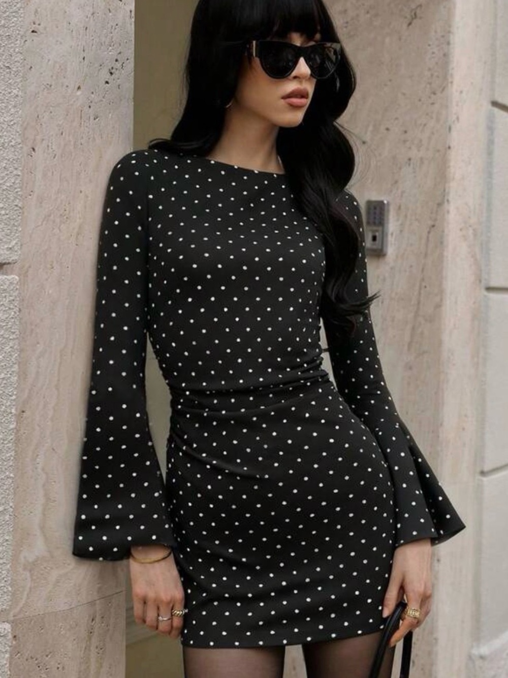 Black Polka Dot Long-Sleeve Bodycon Dress